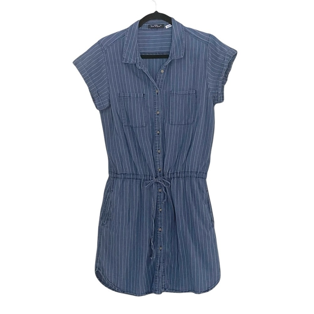 VELVET HEART Pinstripe Short Sleeve Button Front Mini Dress Blue White M